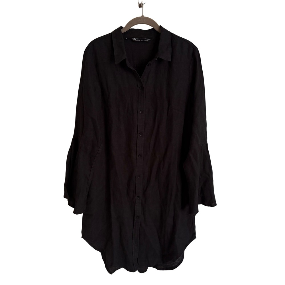 Crown Linen Designs Black 100% Linen Bell Sleeve Button Front Shirt Dress Medium